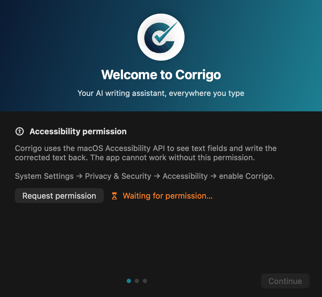 Corrigo onboarding window asking for the Accessibility permission
