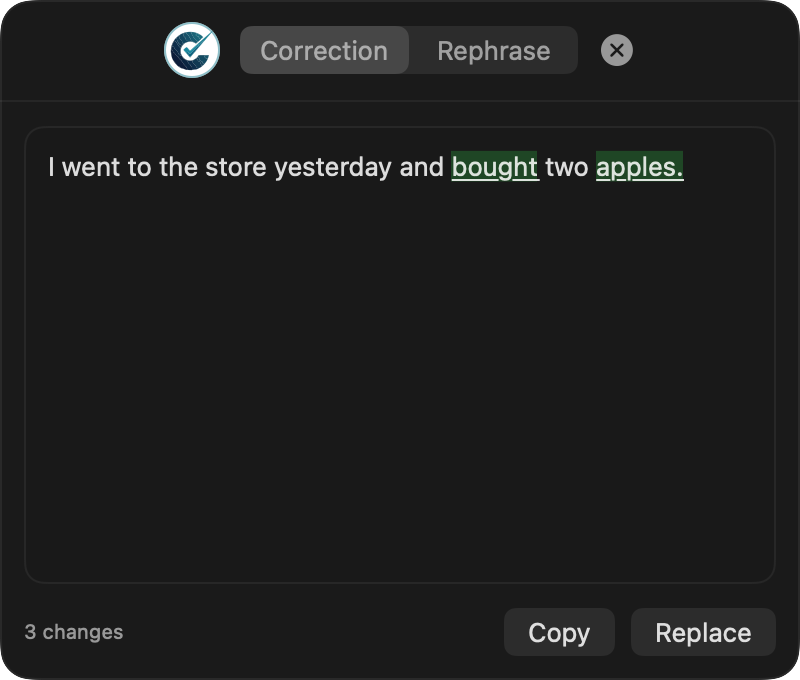 Corrigo popover showing a corrected sentence with highlighted changes and Replace button