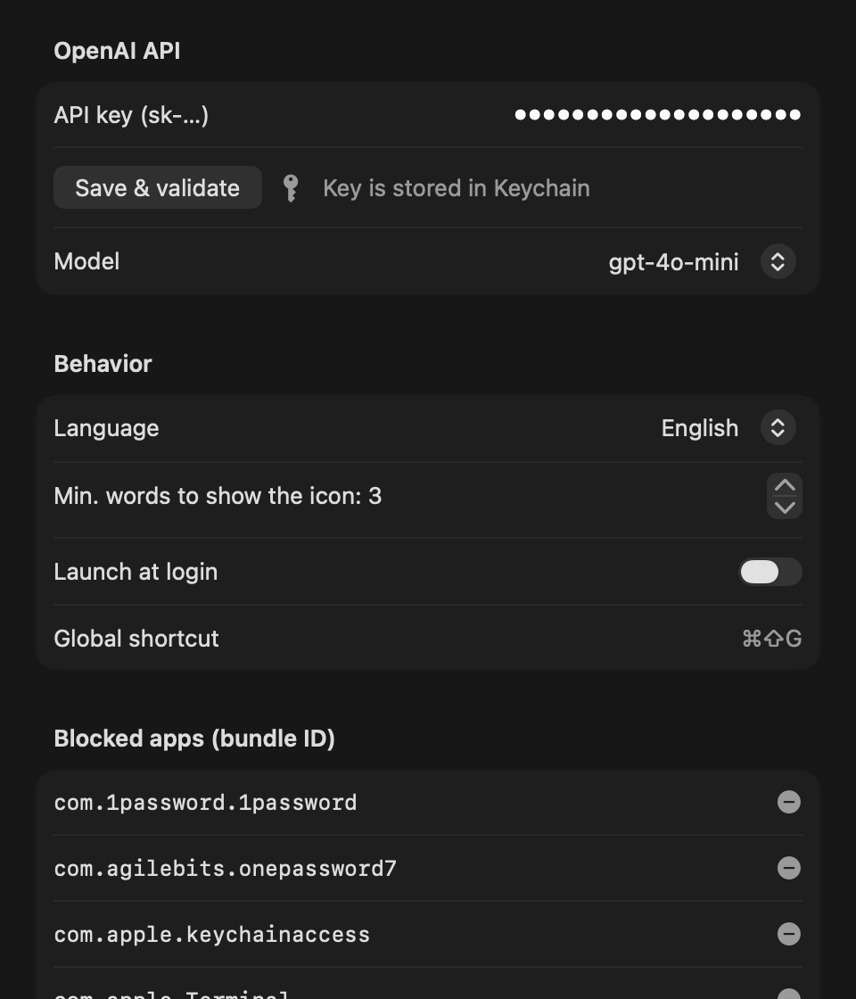Corrigo settings window with API key, model, language and blocked apps options