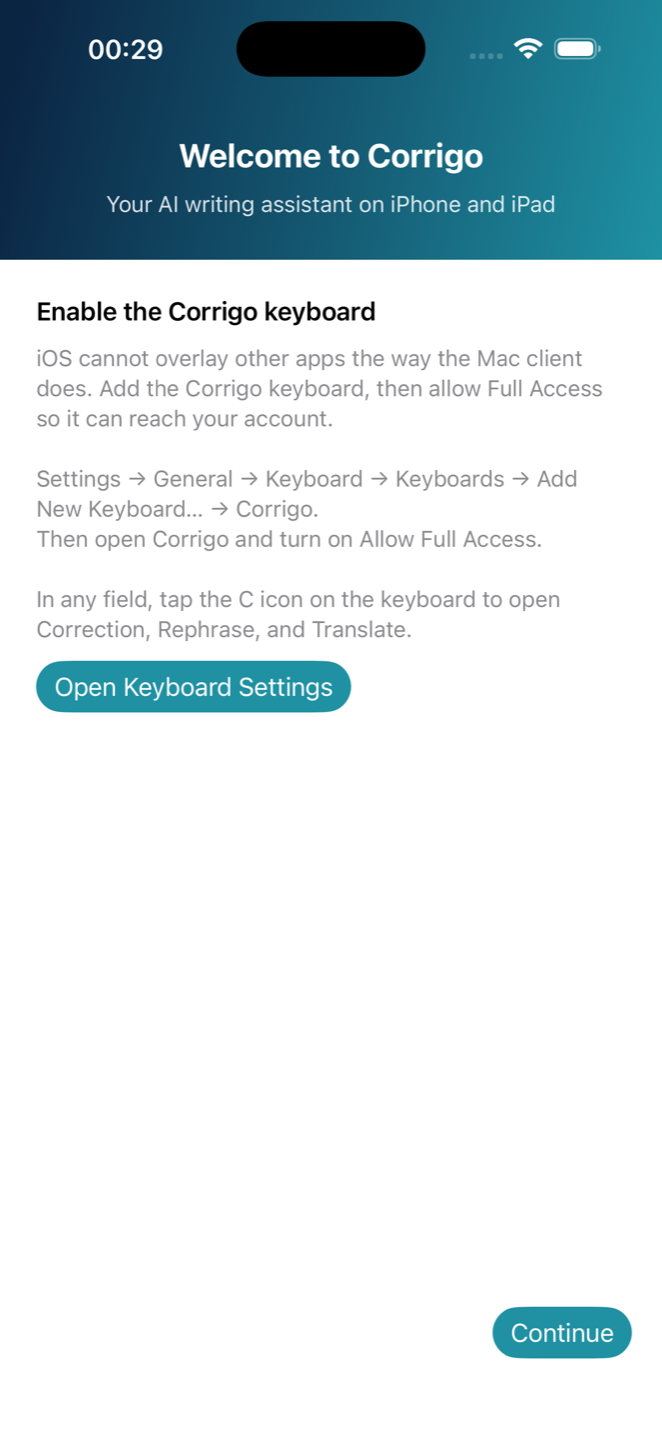 Onboarding: enable the Corrigo keyboard on iPhone